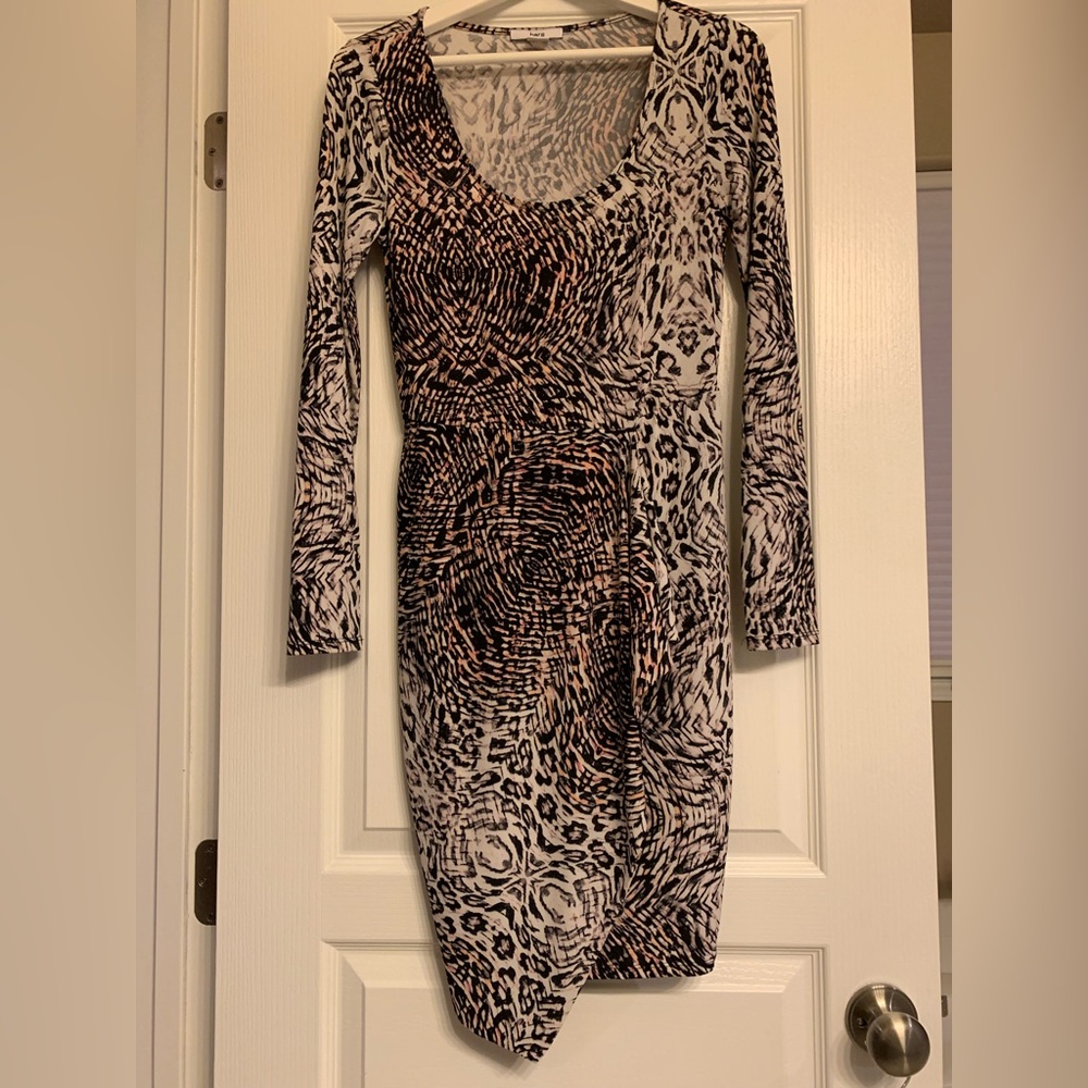 Bar III Dress Womens Animal Print Long Sleeve Dressy Boat Neck Overlay Size M